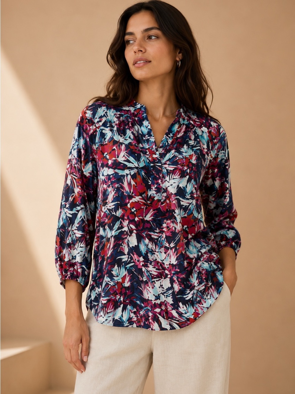 Rose + Olive Floral Blouse Large Colorful Career Casual Lightweight Top